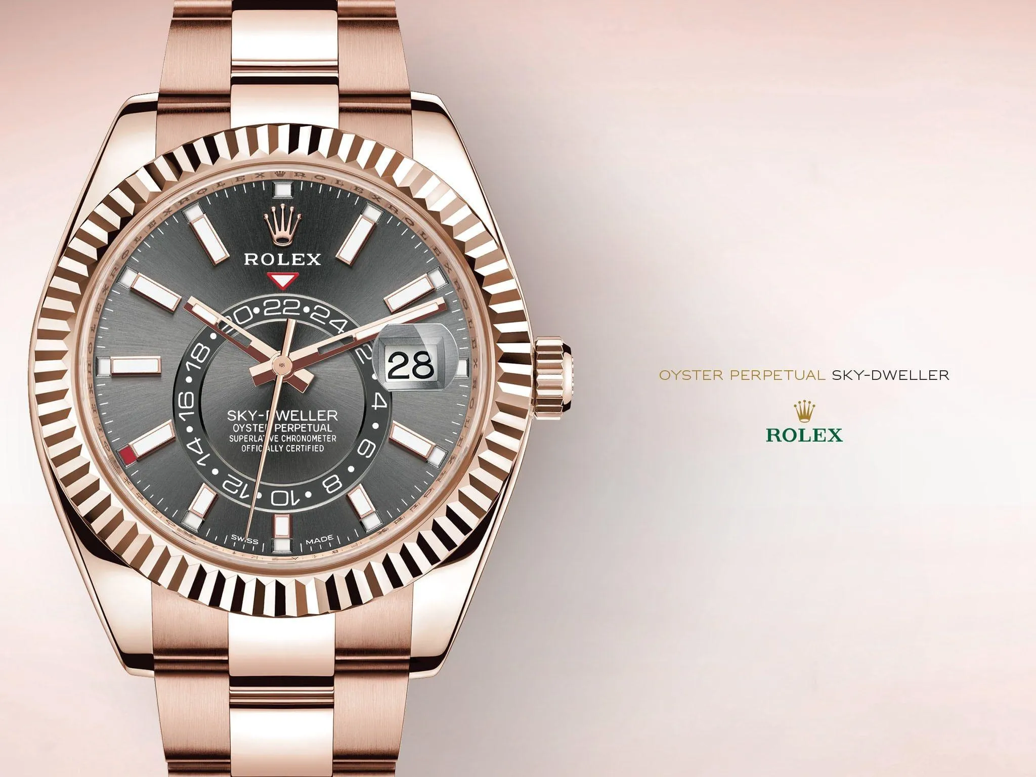 Genuine Rolex Sky-Dweller Slate Dial Rose Gold Case Oyster Bracelet