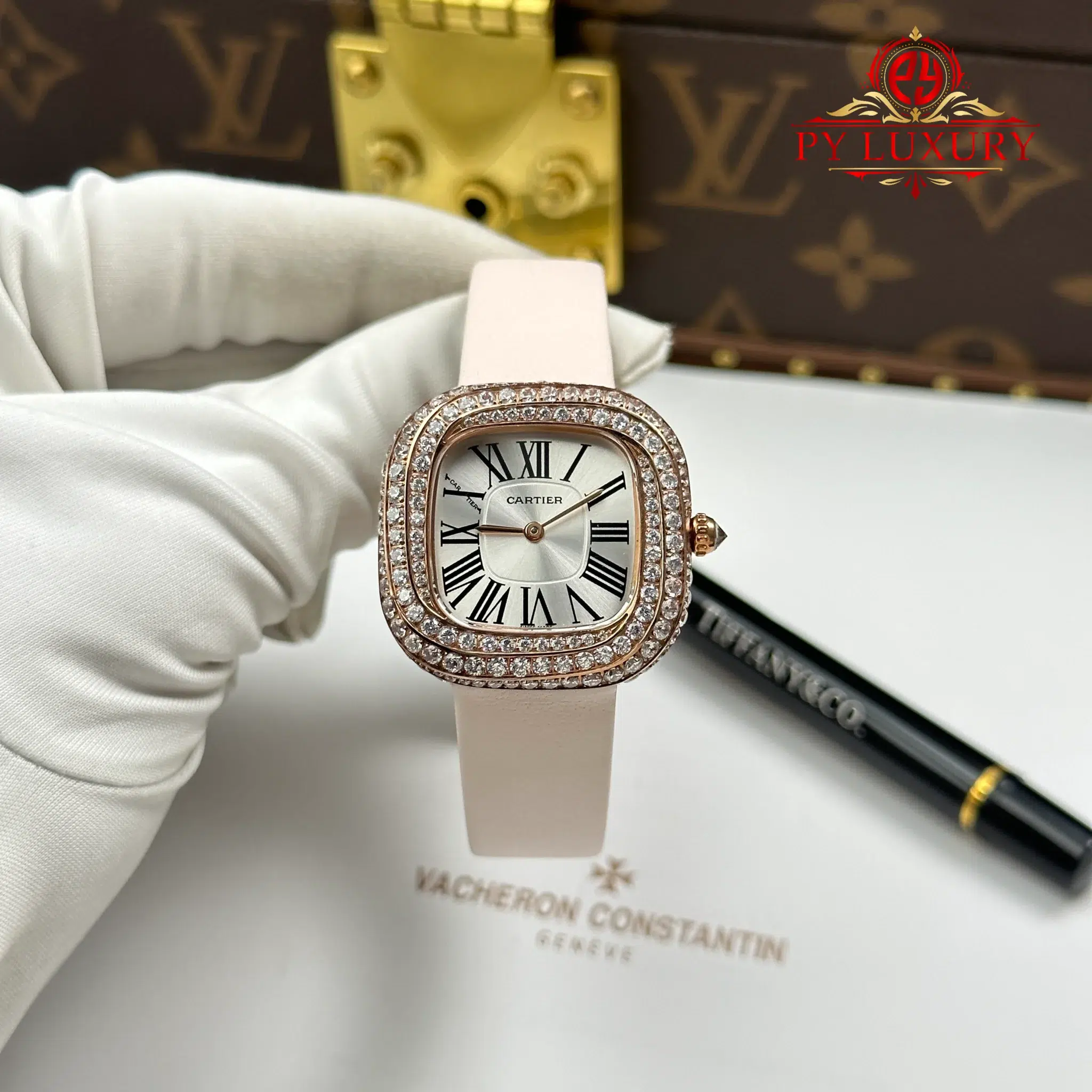 Cartier Coussin Medium Model WJCS0005 Rose Gold Spiral-set Diamonds Silver Dial Best Replica 30.4 x 31.1mm | WATCHREPLICAEXPERT