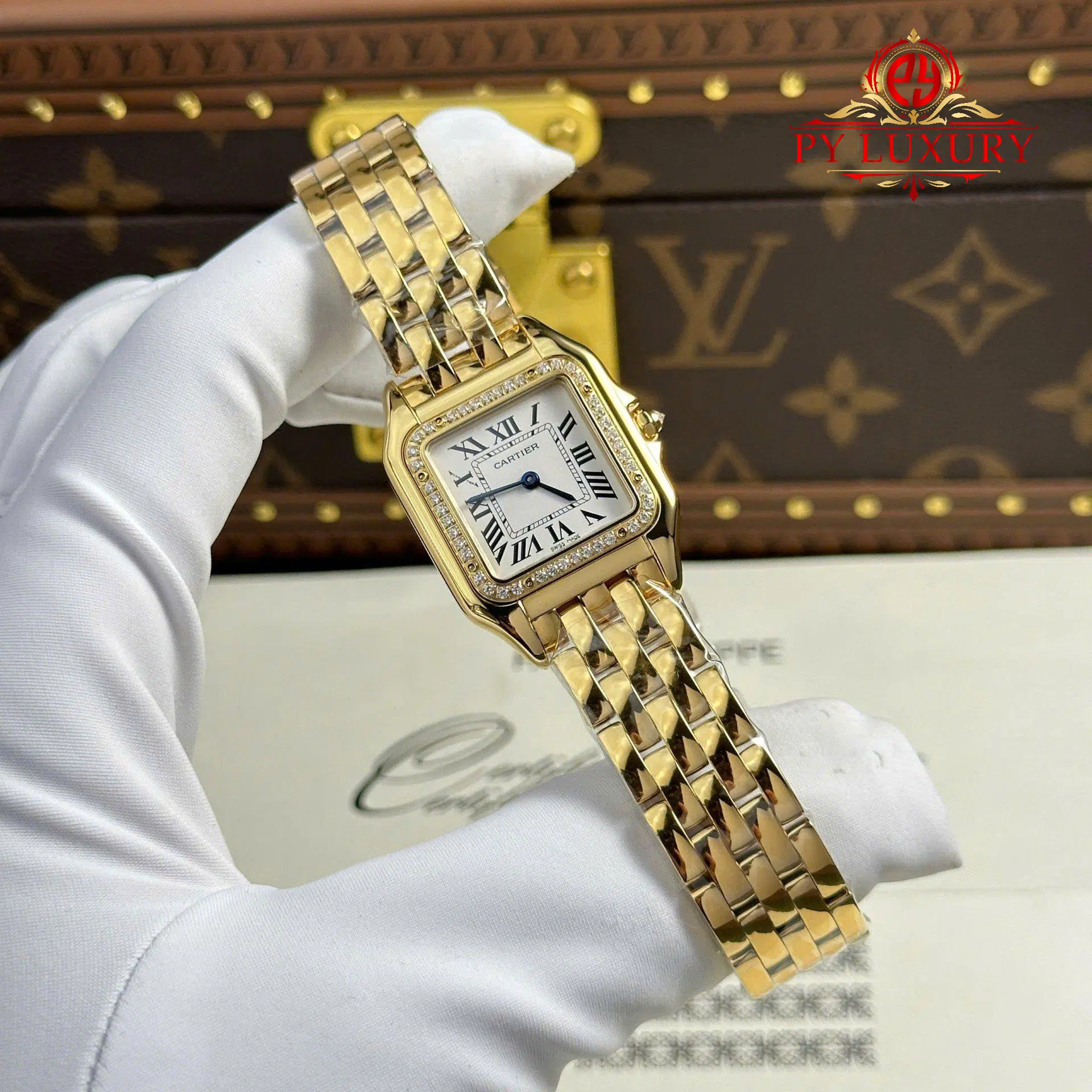 Cartier Panthère Yellow Gold Medium Model Silver Dial Diamond Bezel Best Replica BVF 27mm x 36mm | WATCHREPLICAEXPERT