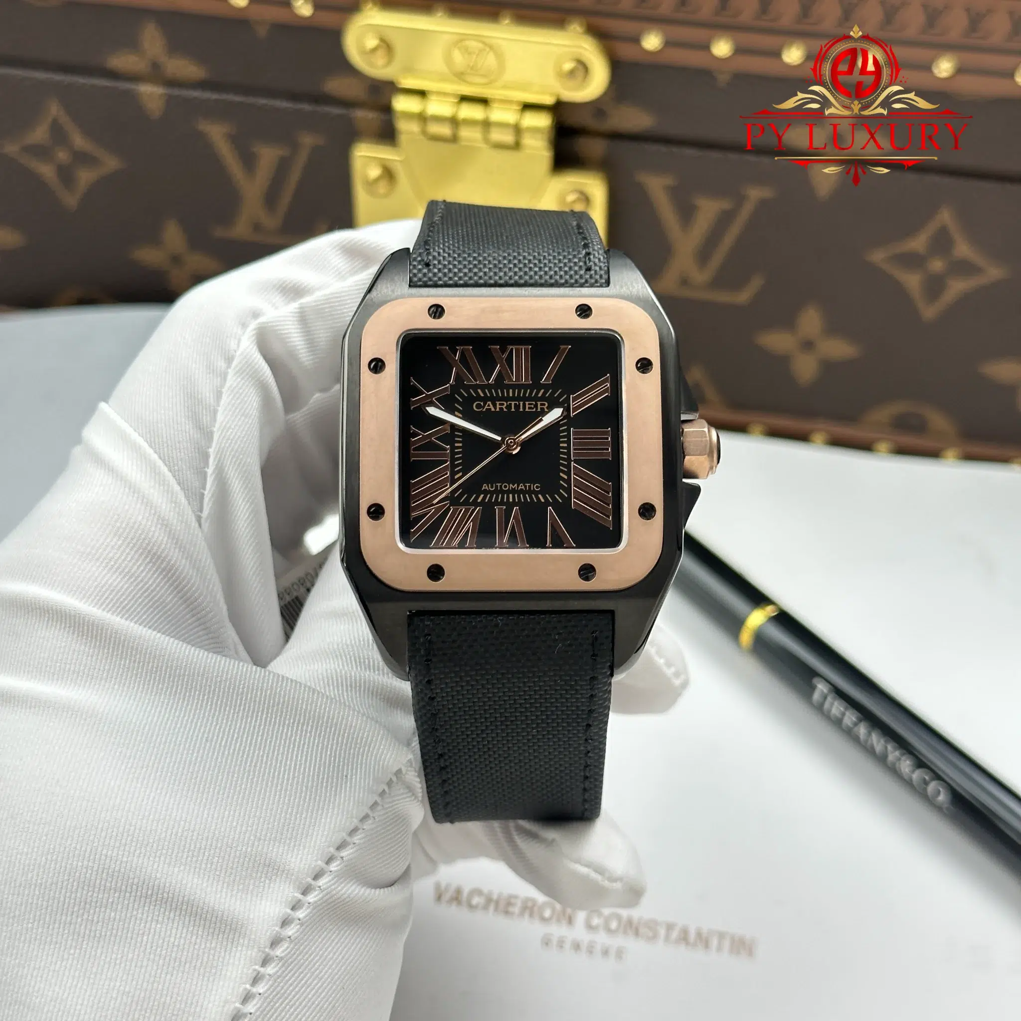 Cartier Santos 100 XL Black DLC Rose Gold Black Leather Strap Best Replica 43 x 51mm | WATCHREPLICAEXPERT