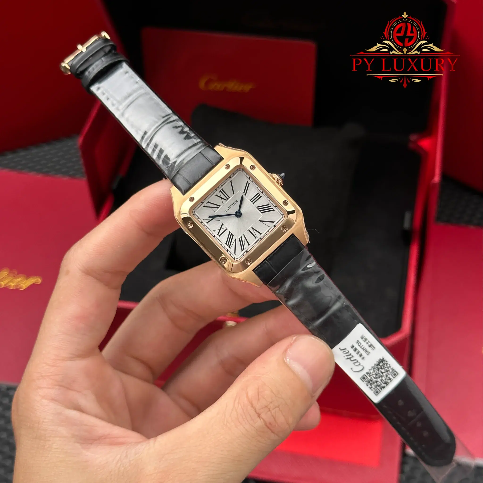 Cartier Santos Dumont Small Model Rose Gold Silver Dial Leather Strap Replica 38mm x 27.5mm | WATCHREPLICAEXPERT