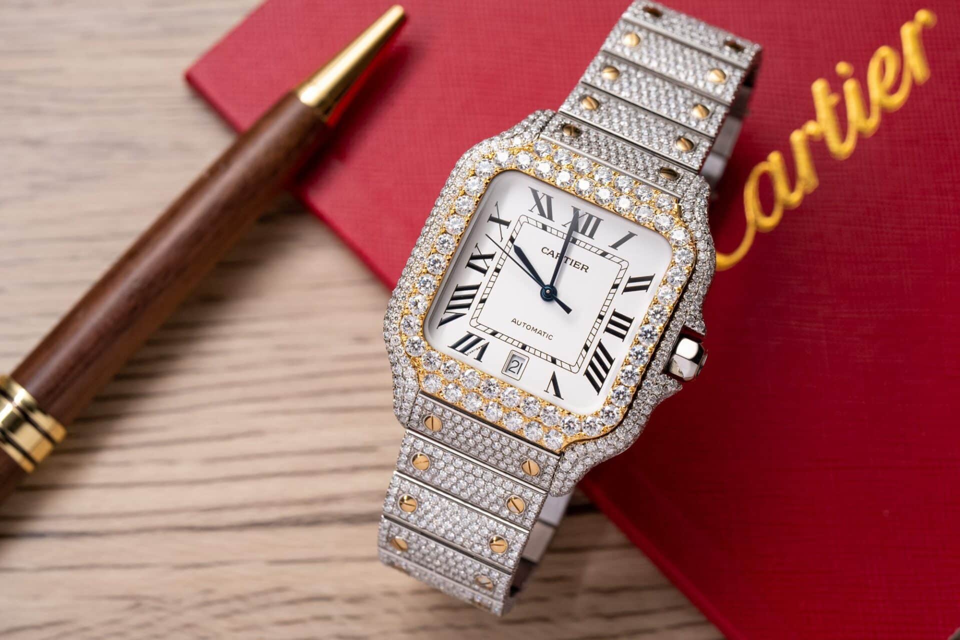 Cartier Santos White Dial Two Tone Large Model Iced Out Moissanite 39.8mm | WATCHREPLICAEXPERT
