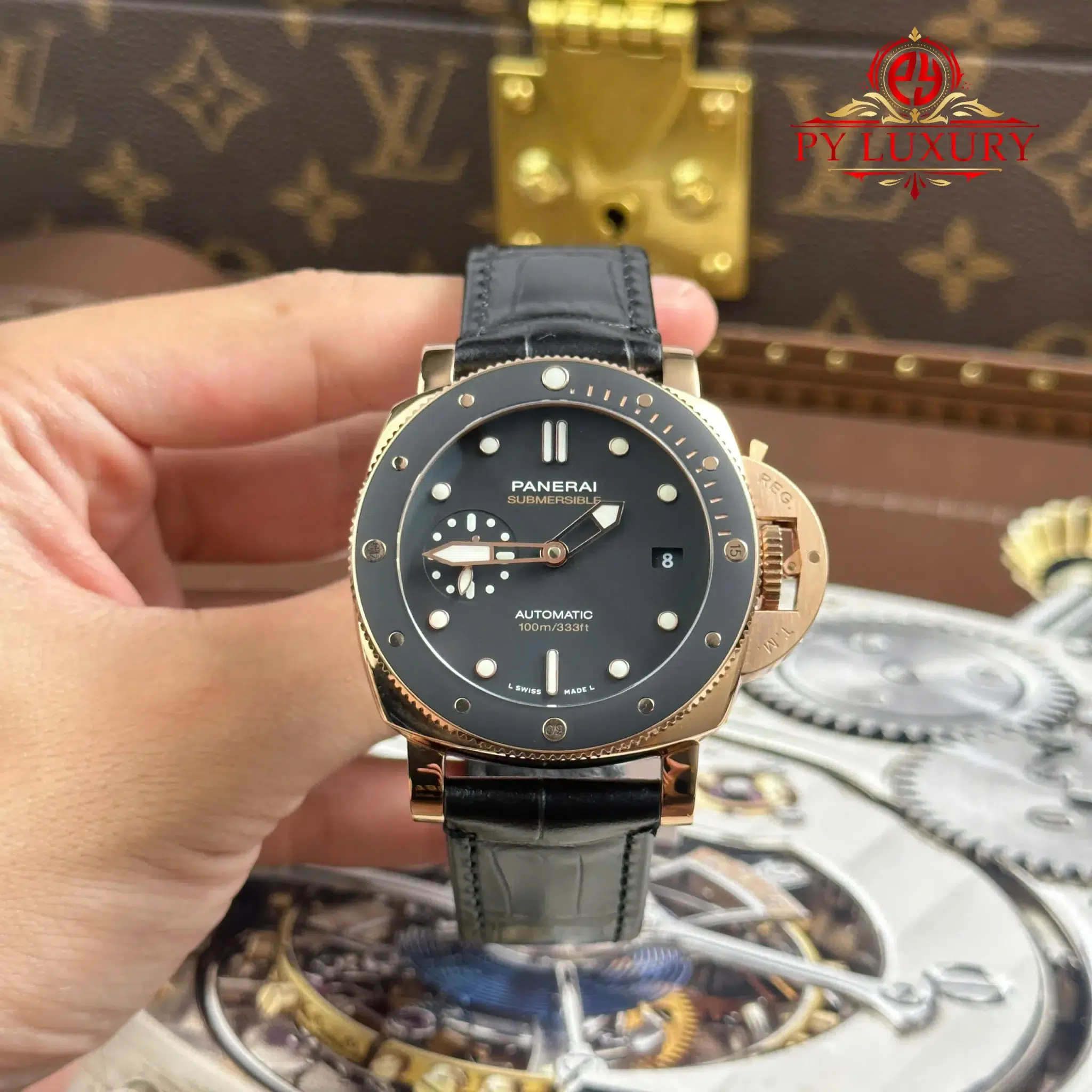 Đồng Hồ Panerai Submersible PAM00974 Vàng Hồng Mặt Đen Dây Da Replica 1:1 VSF 42mm | WATCHREPLICAEXPERT