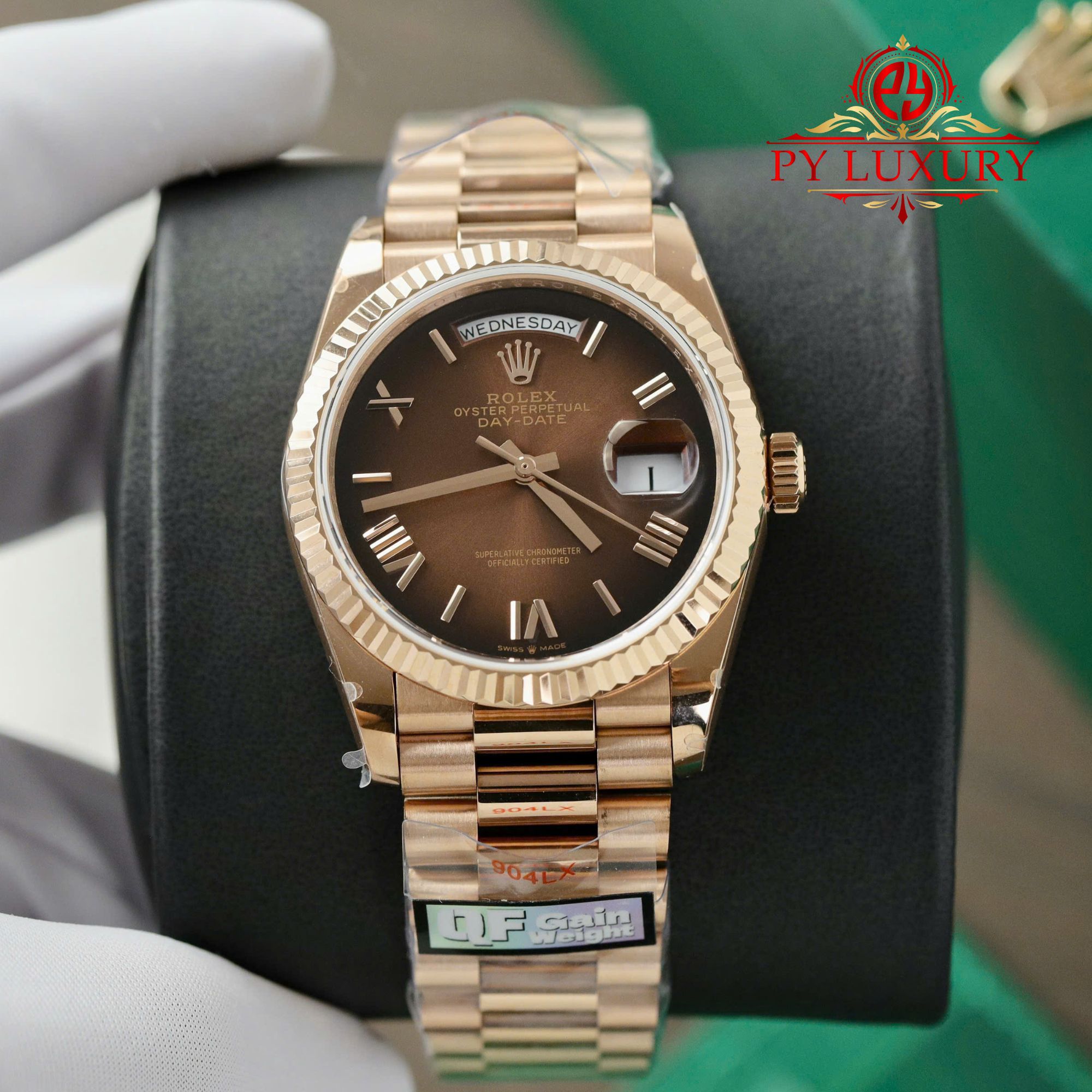 Đồng Hồ Rolex Day-Date 128235-0075 Vàng Hồng Mặt Số Nâu Ombré Cọc La Mã 158g 1:1 Replica QF 36mm | WATCHREPLICAEXPERT