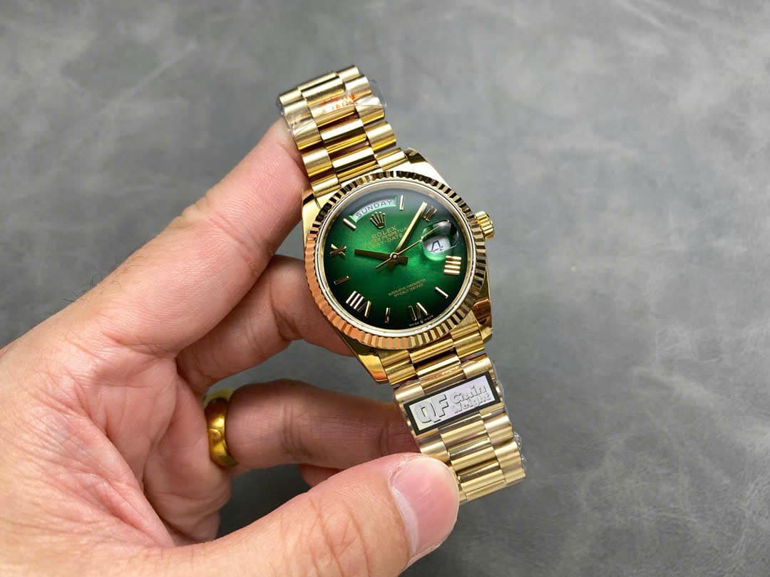 Đồng Hồ Rolex Day-Date 128238-0118 Vàng Vàng Mặt Số Xanh Ombré Cọc La Mã 158g Clone 1:1 QF 36mm | WATCHREPLICAEXPERT