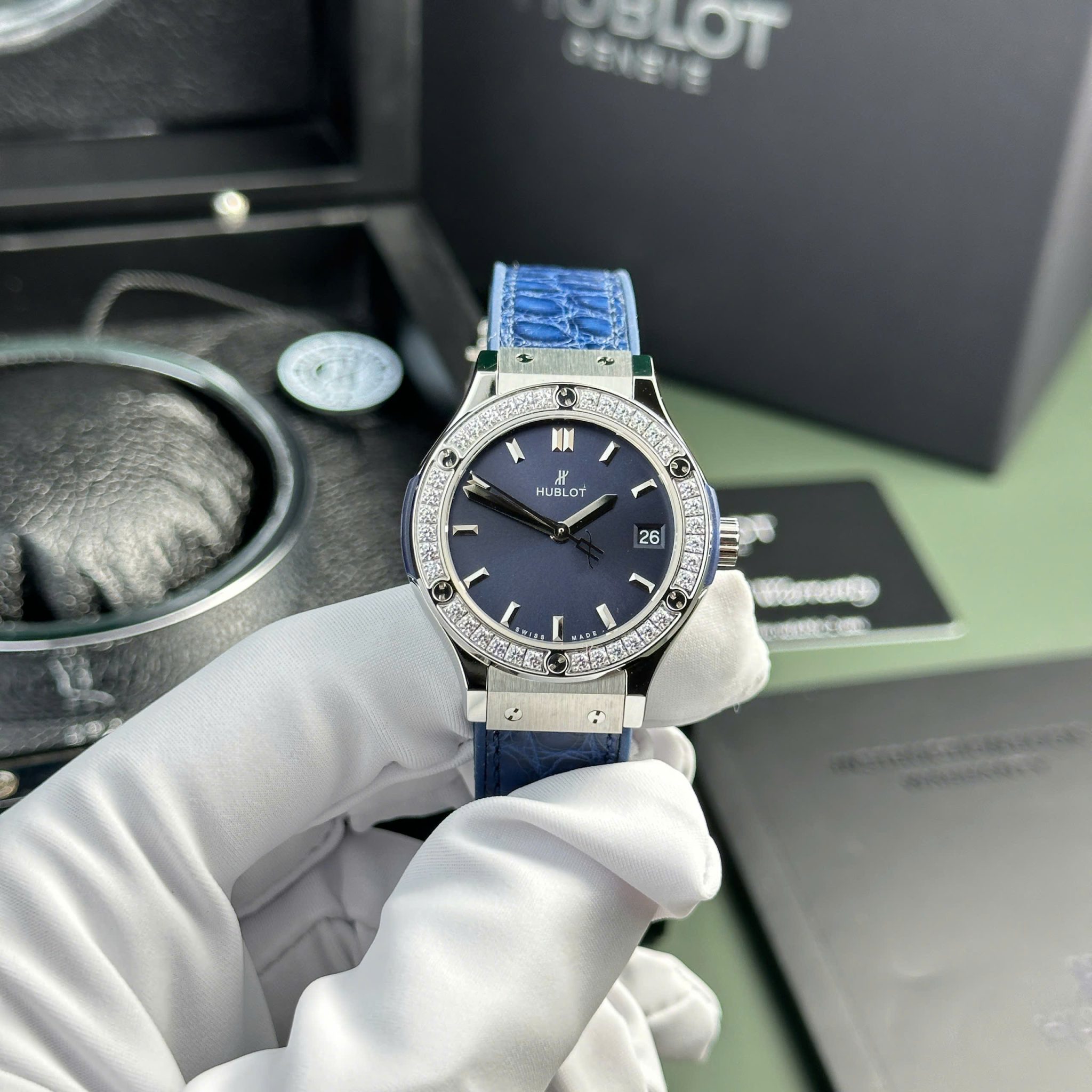 Hublot Classic Fusion Titanium Blue Dial CZ Stones Bezel Leather Strap Ladies Replica 33mm | WATCHREPLICAEXPERT