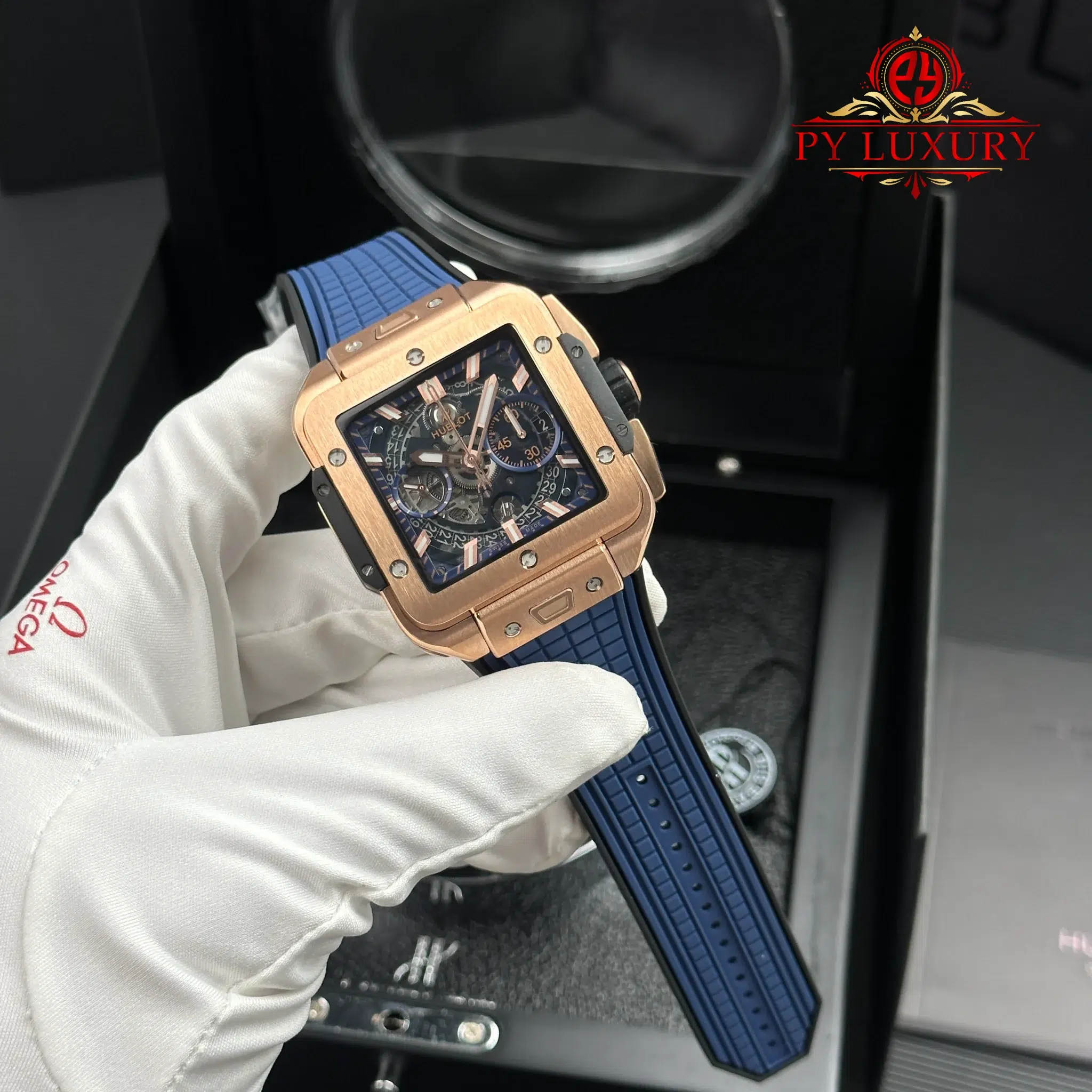 Hublot Square Bang Unico King Gold Blue Rubber Strap Best Replica BBF 42mm | WATCHREPLICAEXPERT