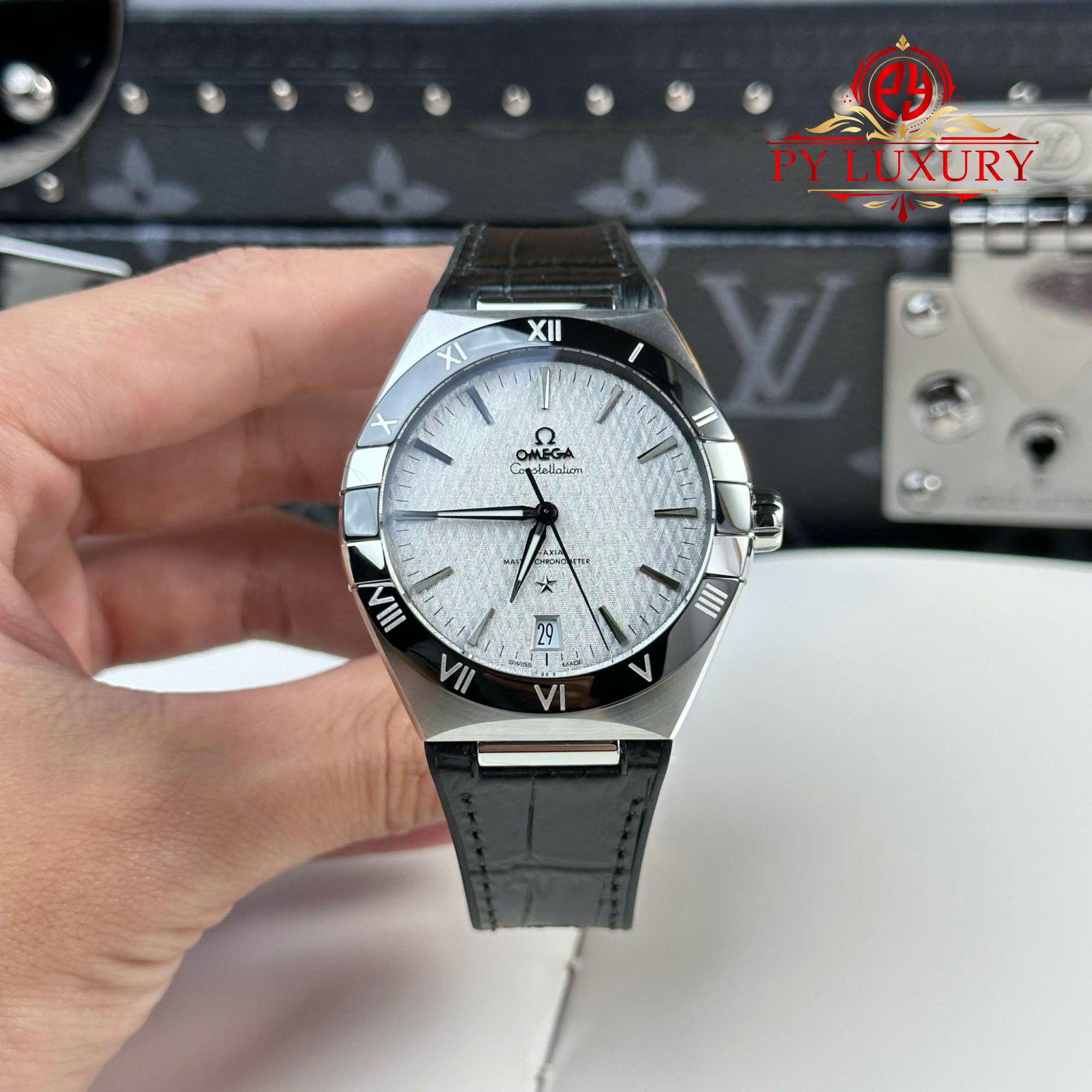 Omega Constellation Rhodium Grey Dial Black Ceramic Bezel Leather Strap Best Replica VSF 41mm | WATCHREPLICAEXPERT