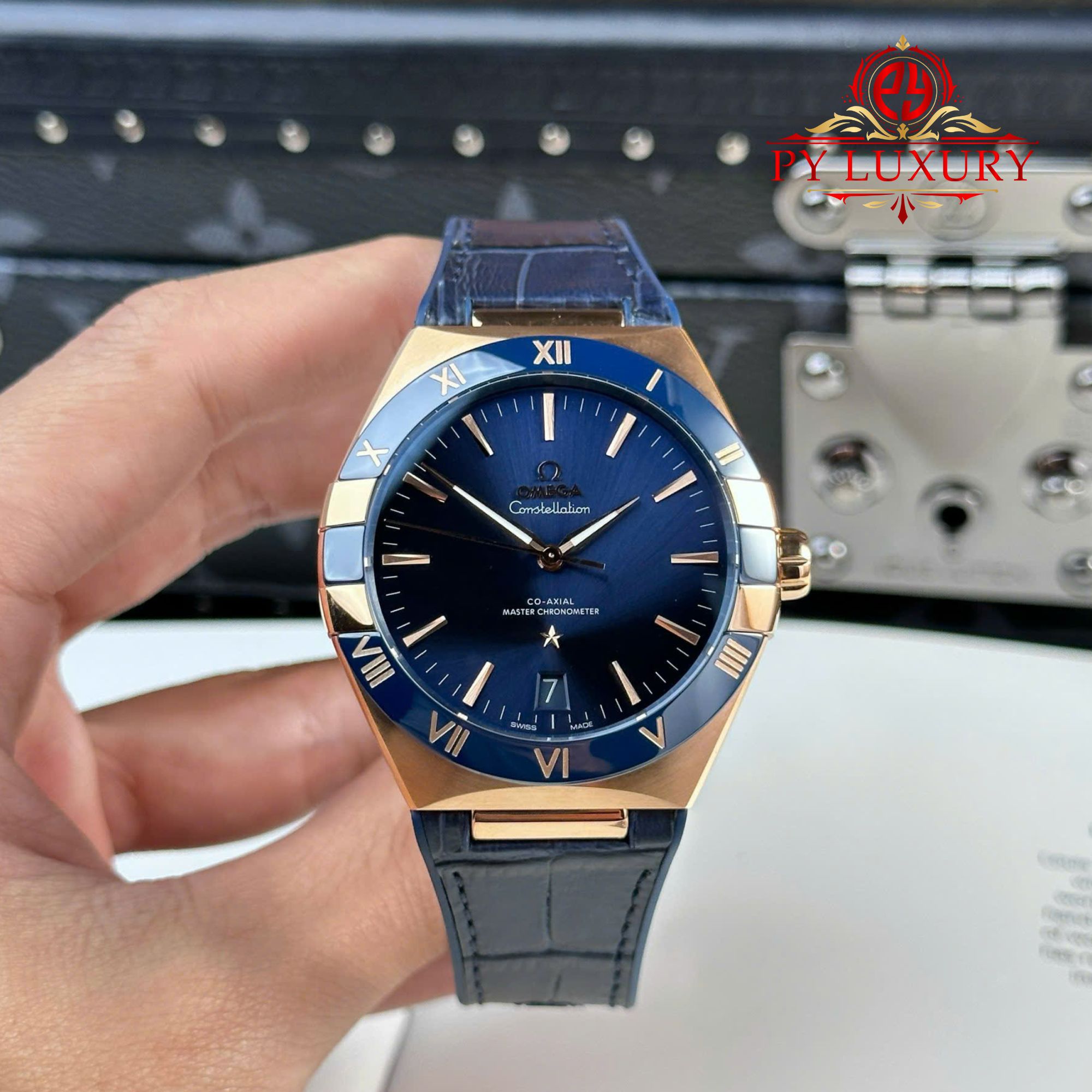 Omega Constellation Rose Gold Blue Dial Blue Ceramic Bezel Leather Strap Best Replica VSF 41mm | WATCHREPLICAEXPERT