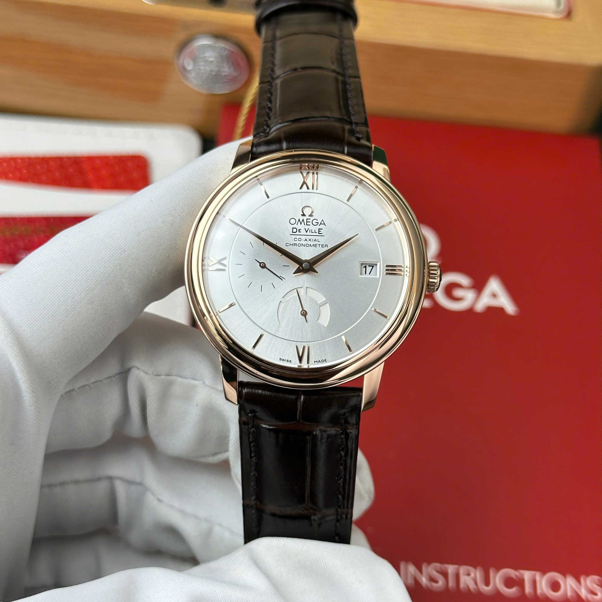 Omega De Ville Prestige Power Reserve Rose Gold Silver Dial Leather Strap Best Replica 39.5mm | WATCHREPLICAEXPERT