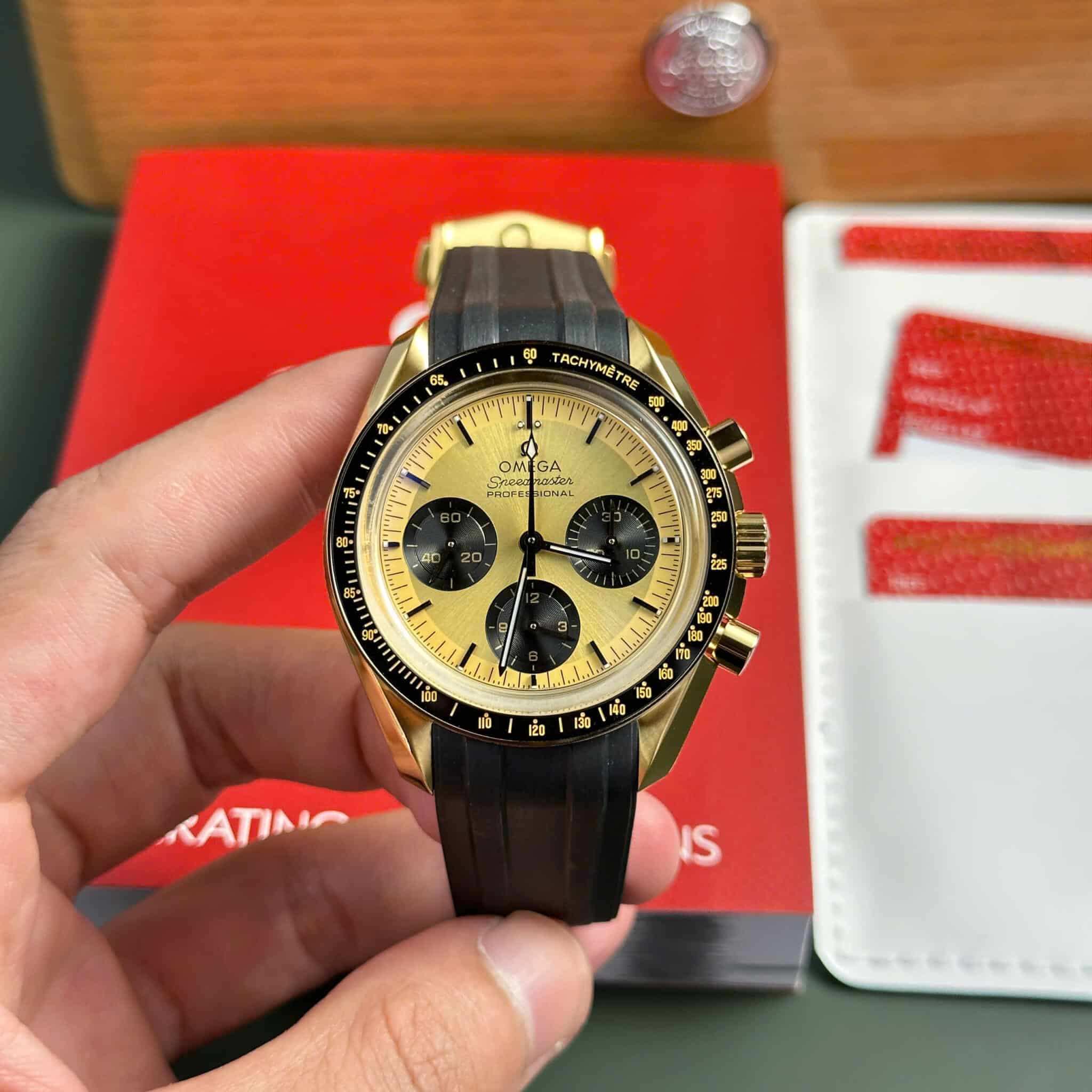 Omega Speedmaster Professional Moonwatch Chronograph Yellow Gold Yellow Dial Rubber Replica 42mm | WATCHREPLICAEXPERT