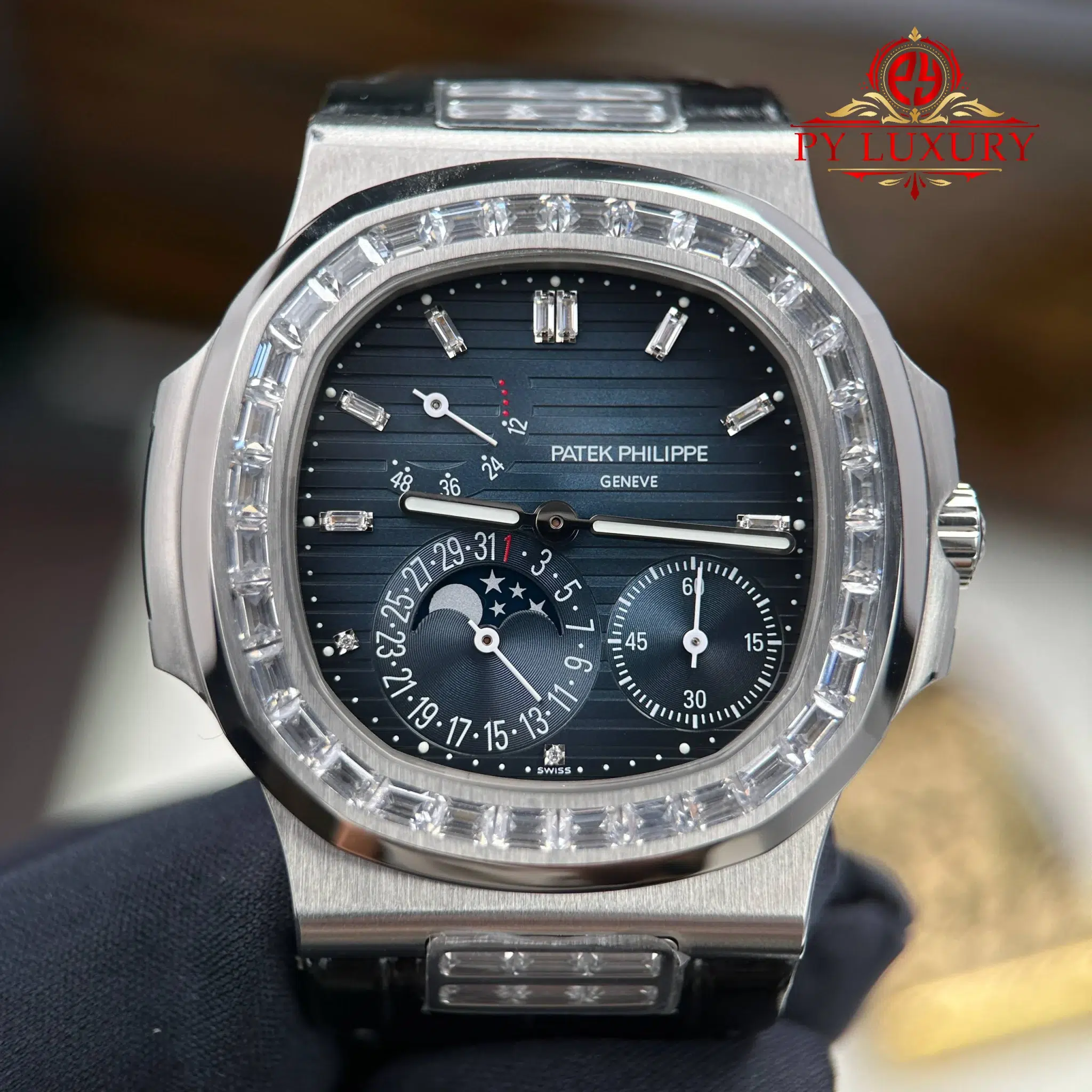 Patek Philippe Nautilus 5724G Blue Dial Baguette Stone Bezel Full Functions PPF Best Replica 40mm | WATCHREPLICAEXPERT