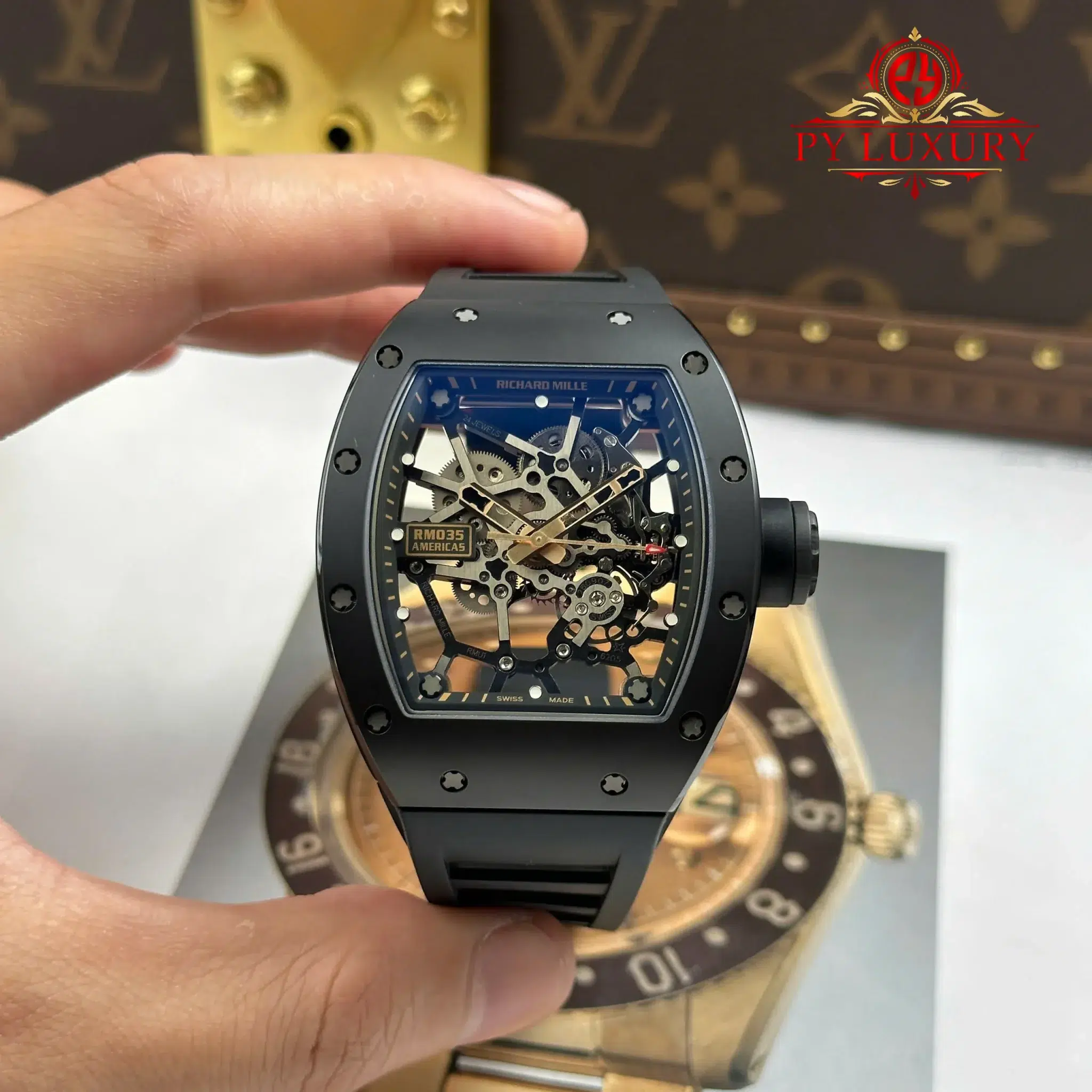 Richard Mille RM035 Black Toro Ceramic & Rose Gold Skeleton Dial Rubber Strap Best Replica 1:1 ZF Factory 39.7mm x 48mm | WATCHREPLICAEXPERT