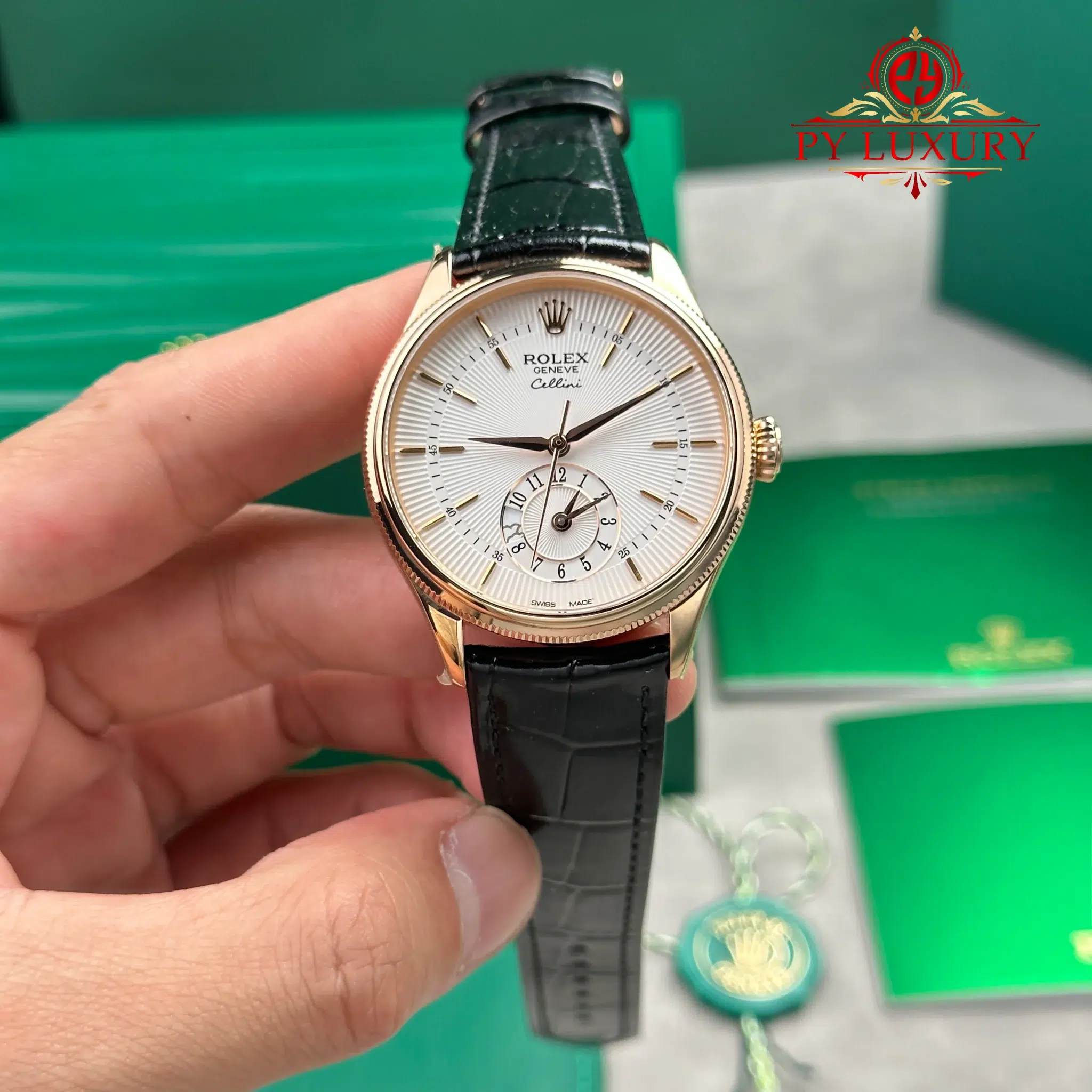 Rolex Cellini Dual Time 50525 Rose Gold Silver Dial Black Leather Strap Best Replica KZF 39mm | WATCHREPLICAEXPERT