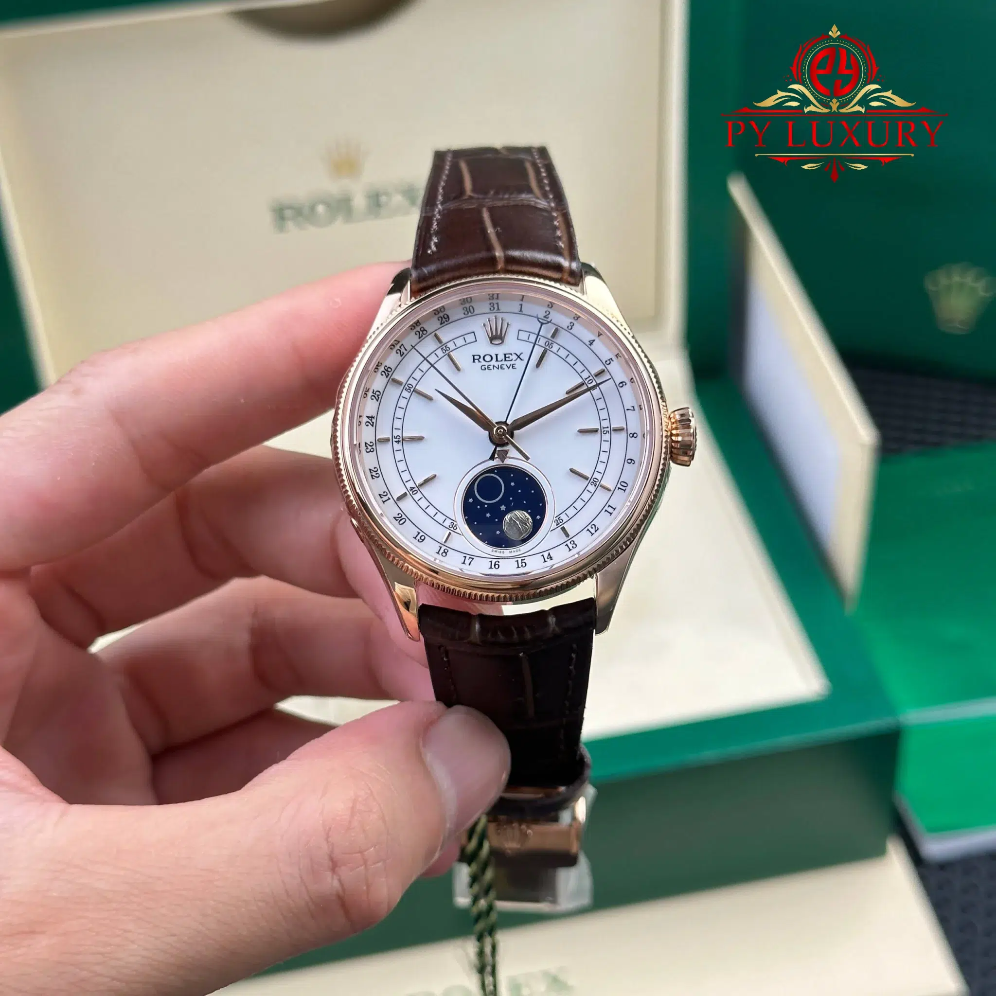 Rolex Cellini Moonphase 50535 Rose Gold Leather Best Replica 39mm | WATCHREPLICAEXPERT