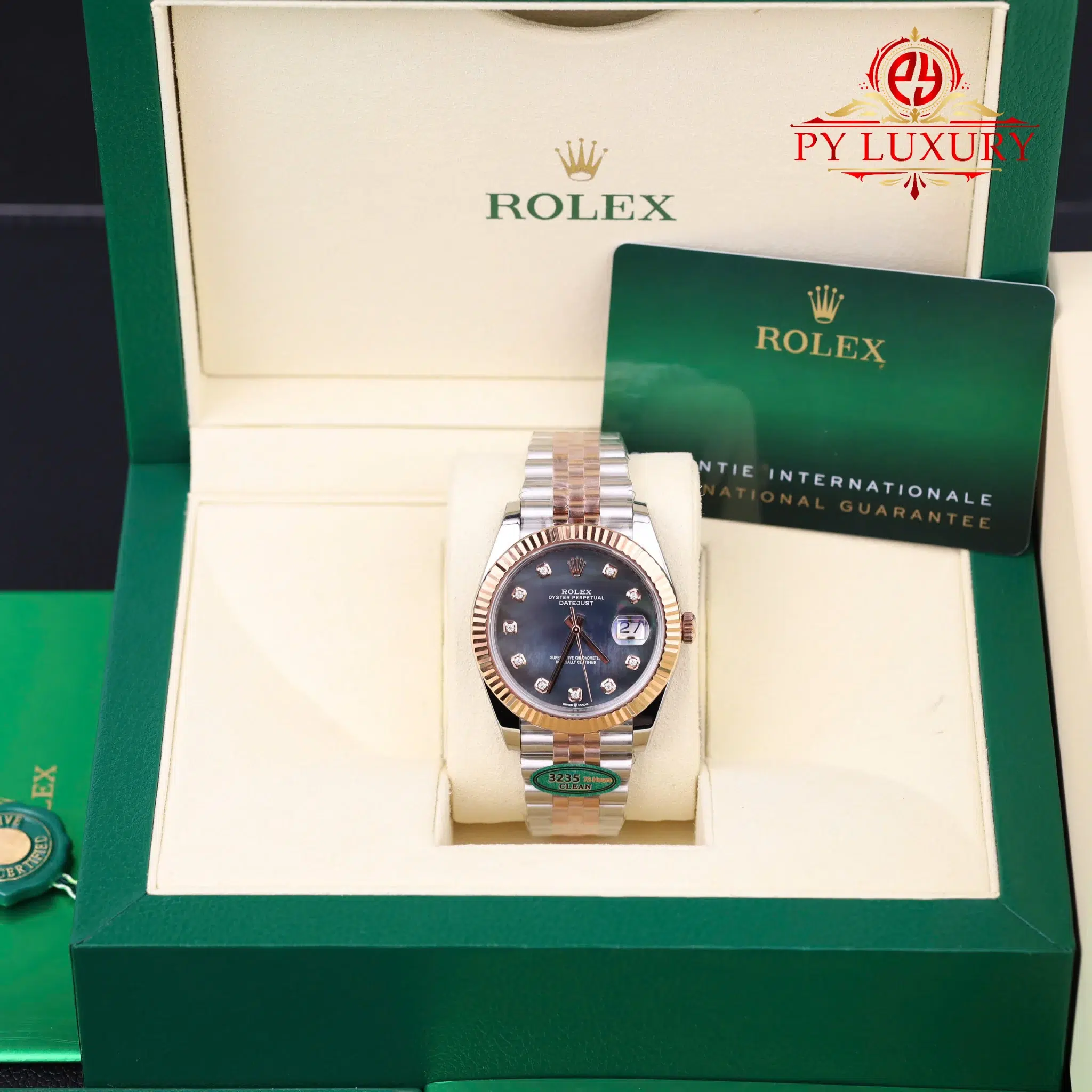 Rolex Datejust 126331 Steel & Rose Gold Custom Black Mother of Pearl Dial Moissanite Markers Jubilee 1:1 Best Edition 41mm | WATCHREPLICAEXPERT