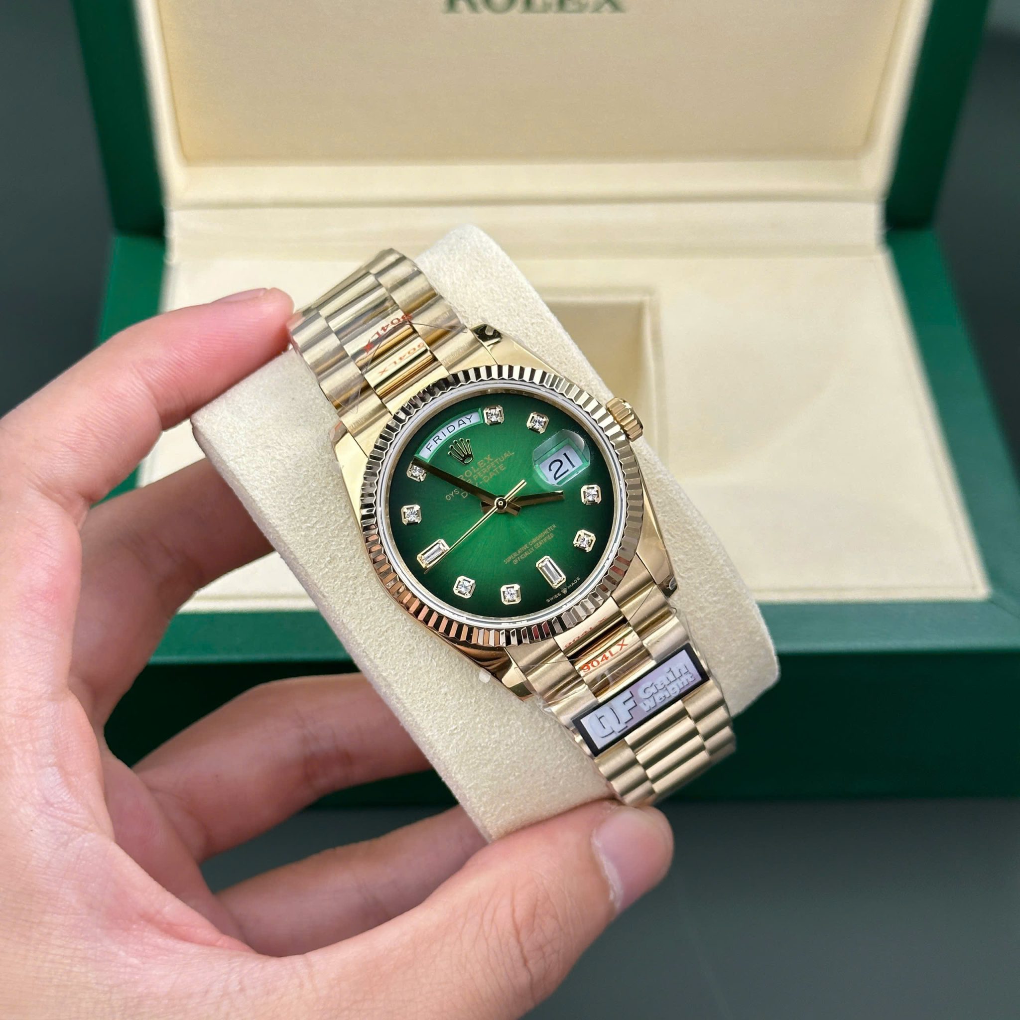 Rolex Day-Date 128238-0069 Yellow Gold Green Ombré Diamond-set Dial 158g Super Clone QF 36mm | WATCHREPLICAEXPERT