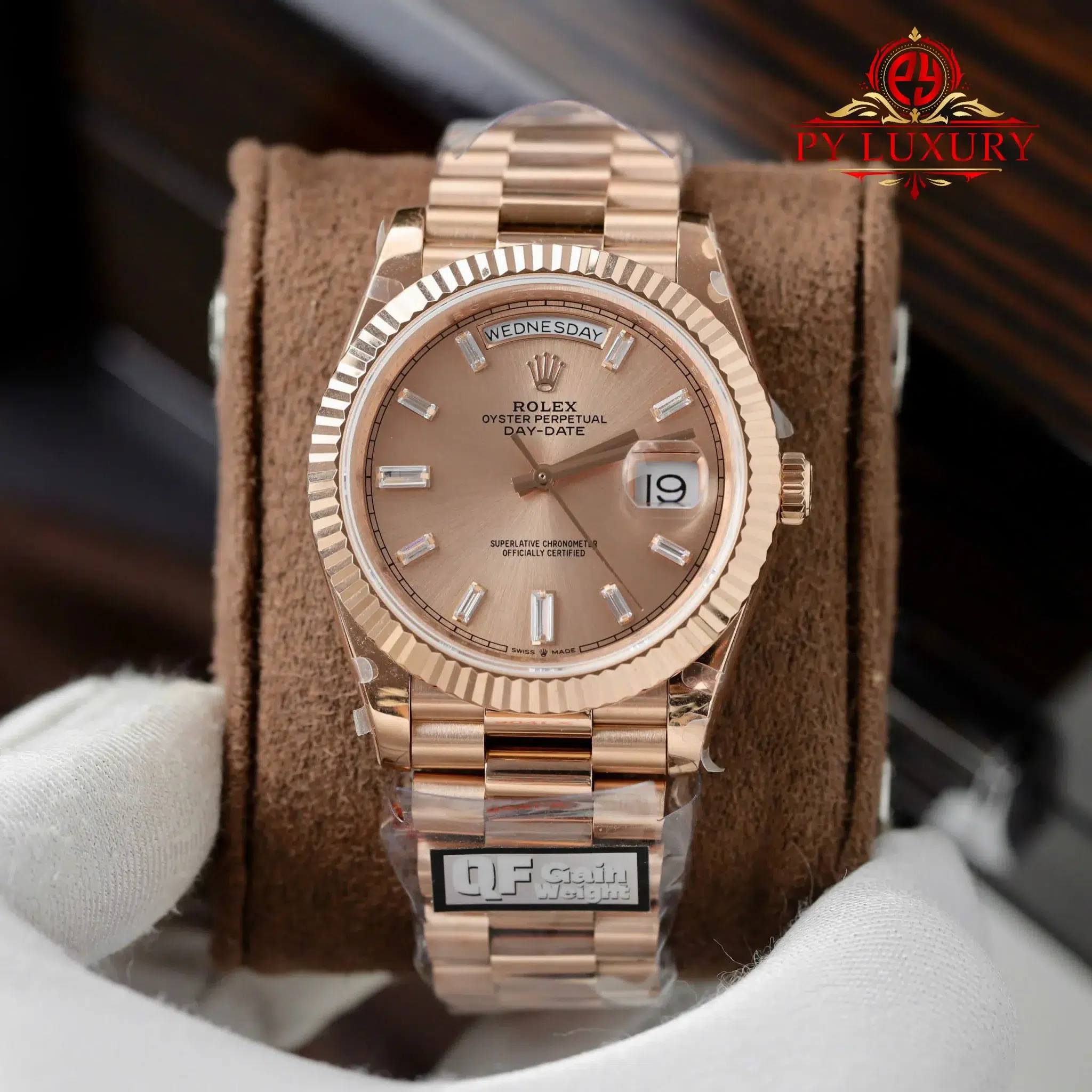 Rolex Day-Date 228235 Sundust Baguette Dial Rose Gold 186g Best Replica Q Factory 40mm | WATCHREPLICAEXPERT