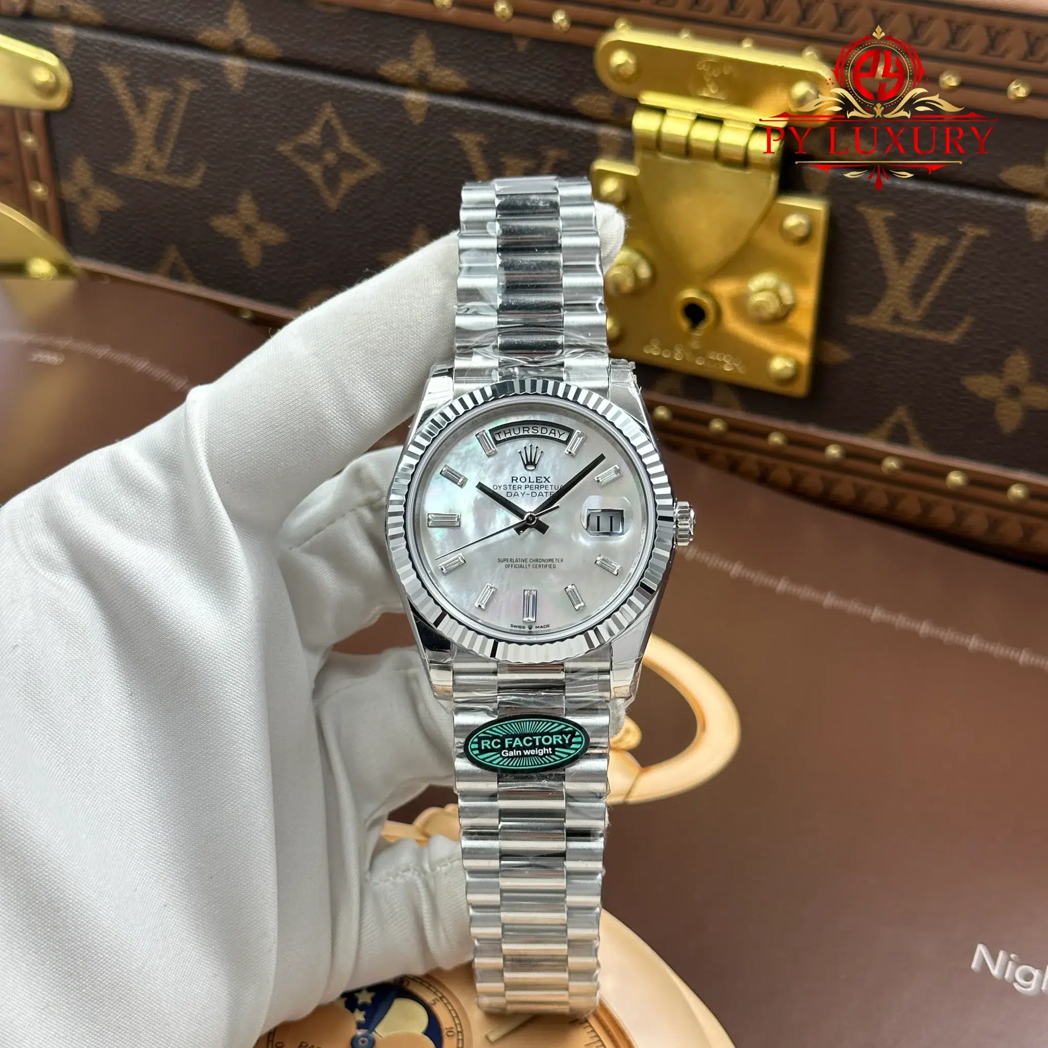 Rolex Day-Date 228239-0078 White Mother-of-Pearl Diamond-set Dial Super Clone 210g RC Factory 40mm | WATCHREPLICAEXPERT