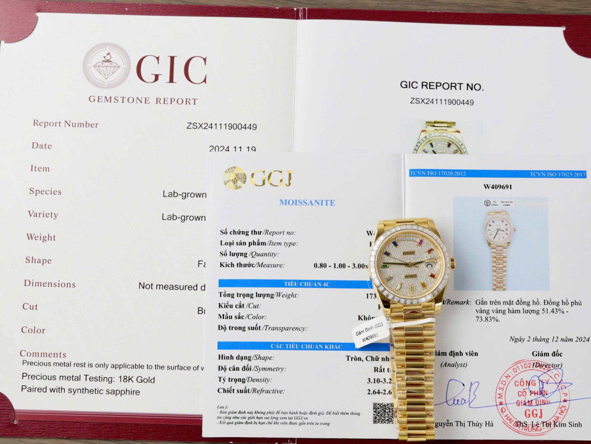 Rolex Day-Date 40 Diamond Paved Rainbow Dial 18K Yellow Gold Wrapped Baguette Moissanite Bezel Best Replica 40mm | WATCHREPLICAEXPERT